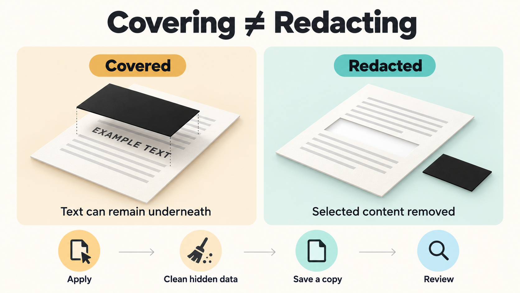 Illustration comparing a visual cover with actual PDF redaction and final-file review