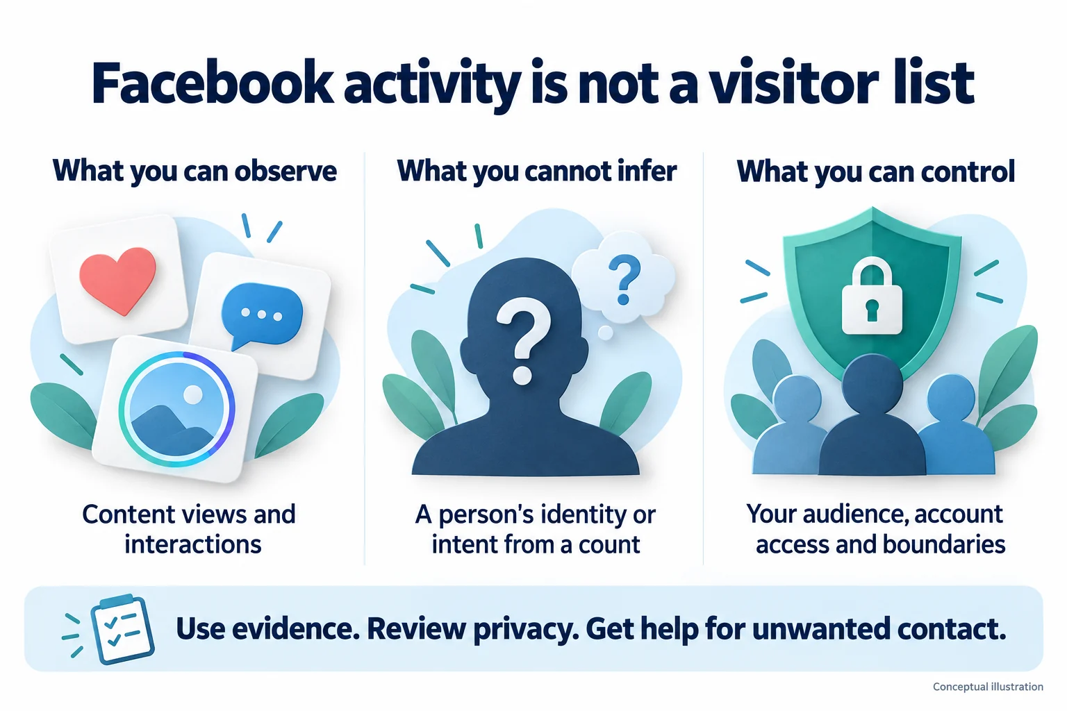 Conceptual illustration separating visible content interactions from unproven conclusions about people, with privacy and safety actions.