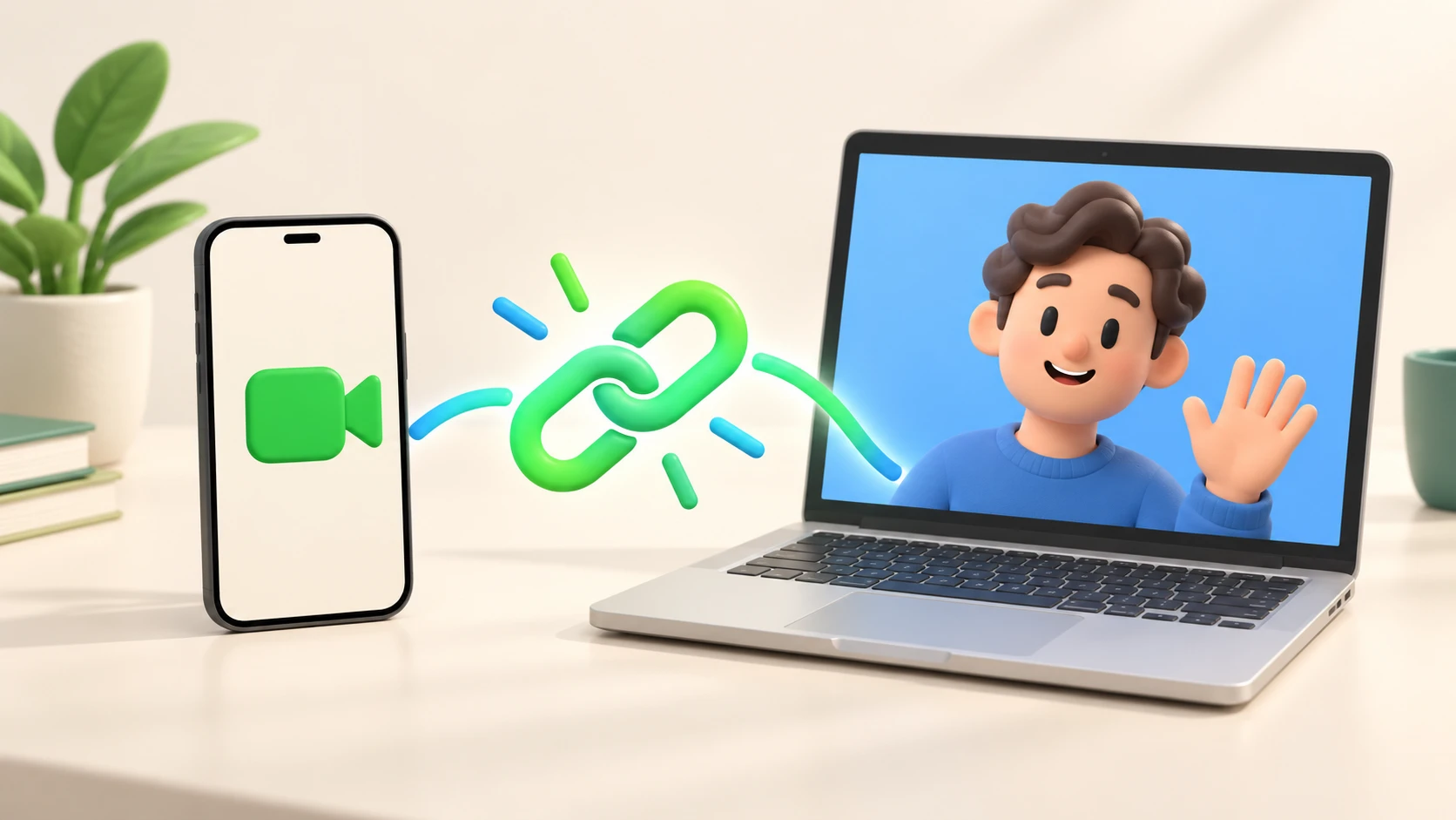Conceptual illustration of an invitation link connecting a smartphone and a laptop for a video call