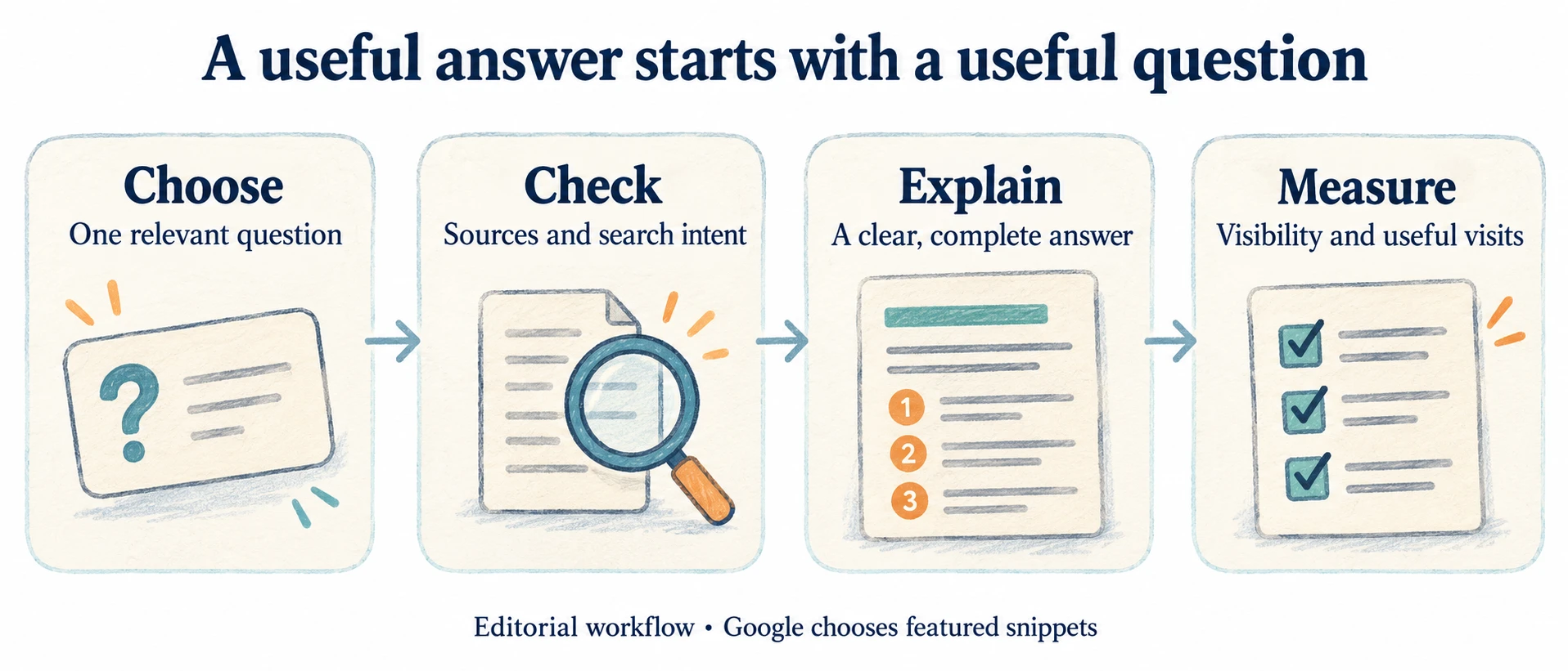 Editorial workflow: choose a relevant question, check sources and intent, explain clearly, and measure visibility and useful visits