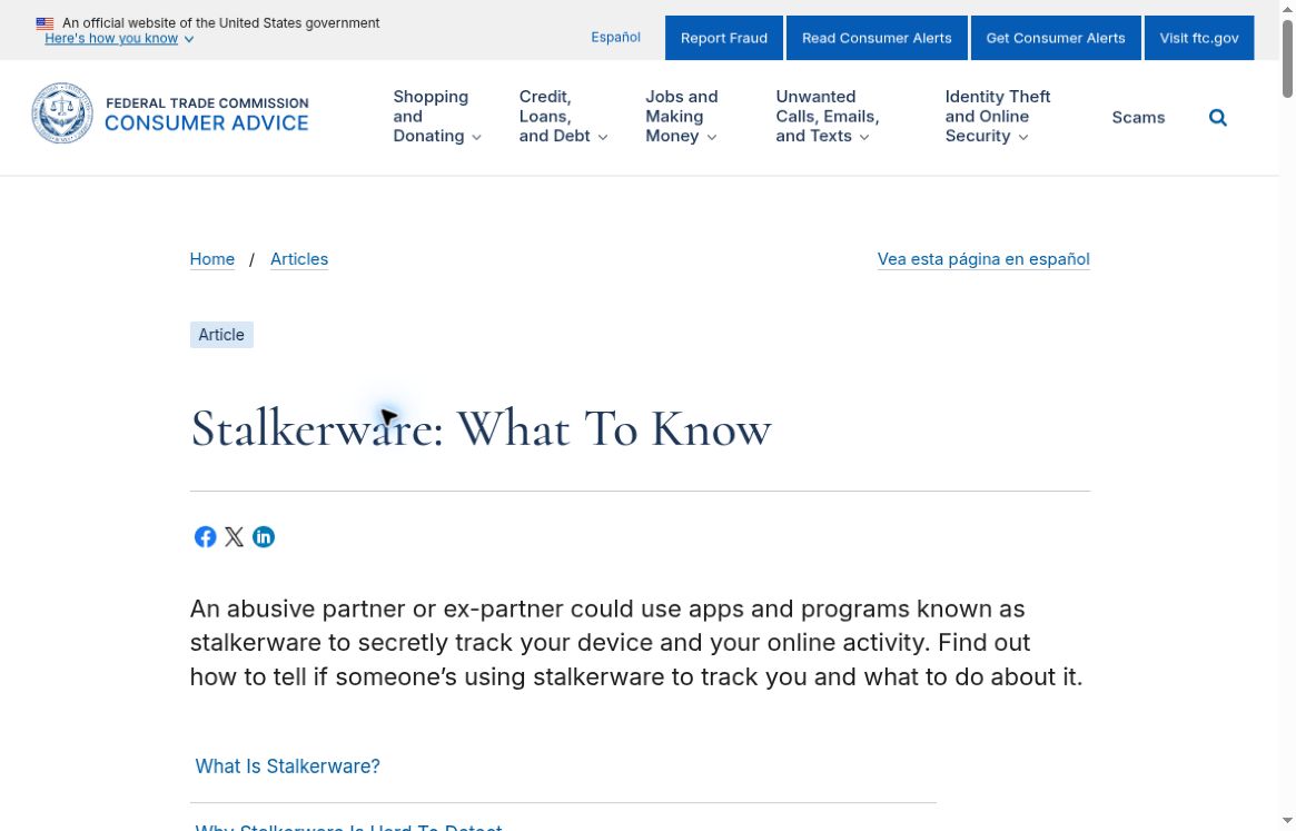 Screenshot of the Federal Trade Commission Consumer Advice article titled Stalkerware: What To Know.