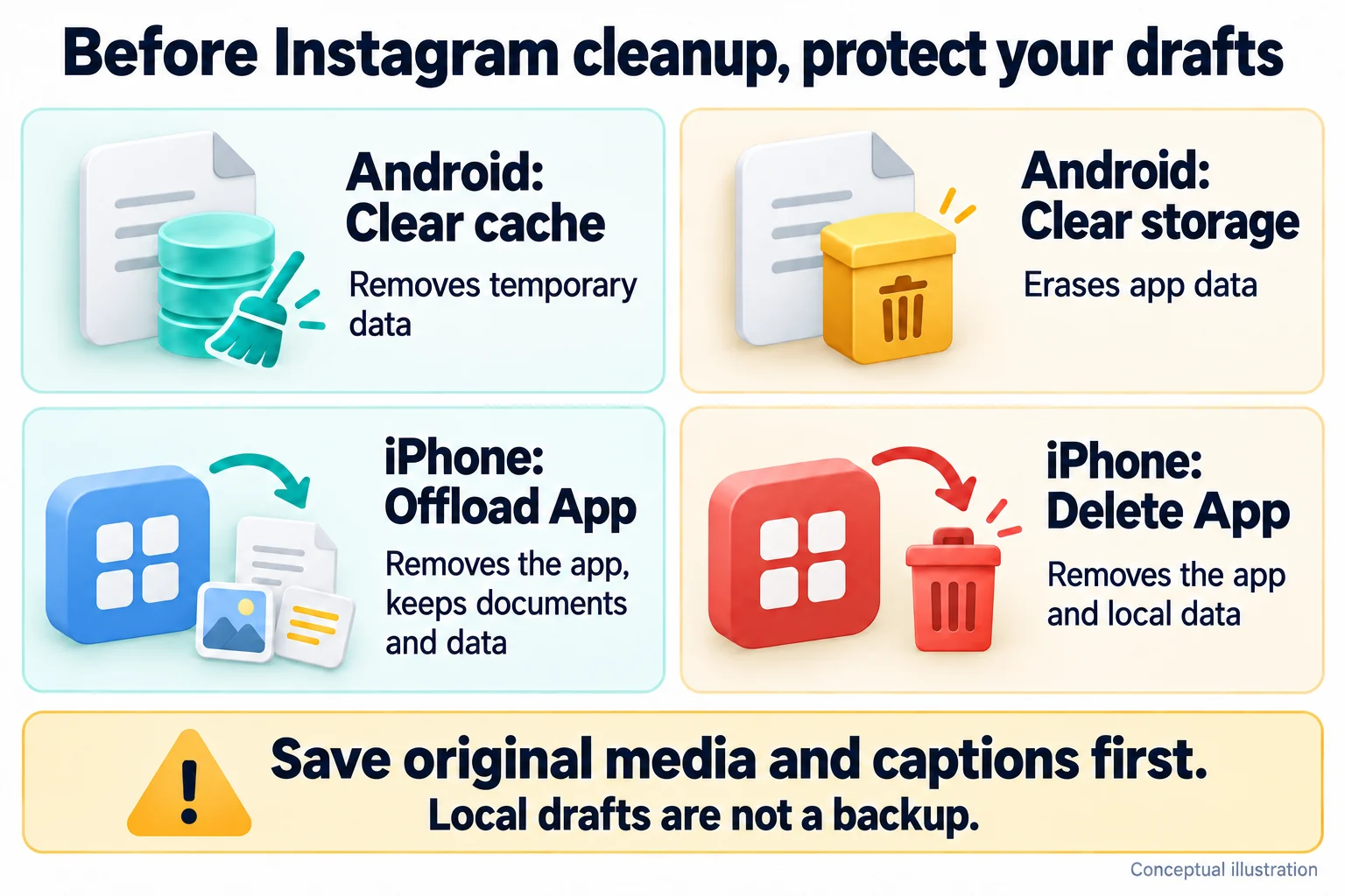 Conceptual comparison of Android cache and storage cleanup with iPhone offloading and deletion, warning to protect local drafts first.