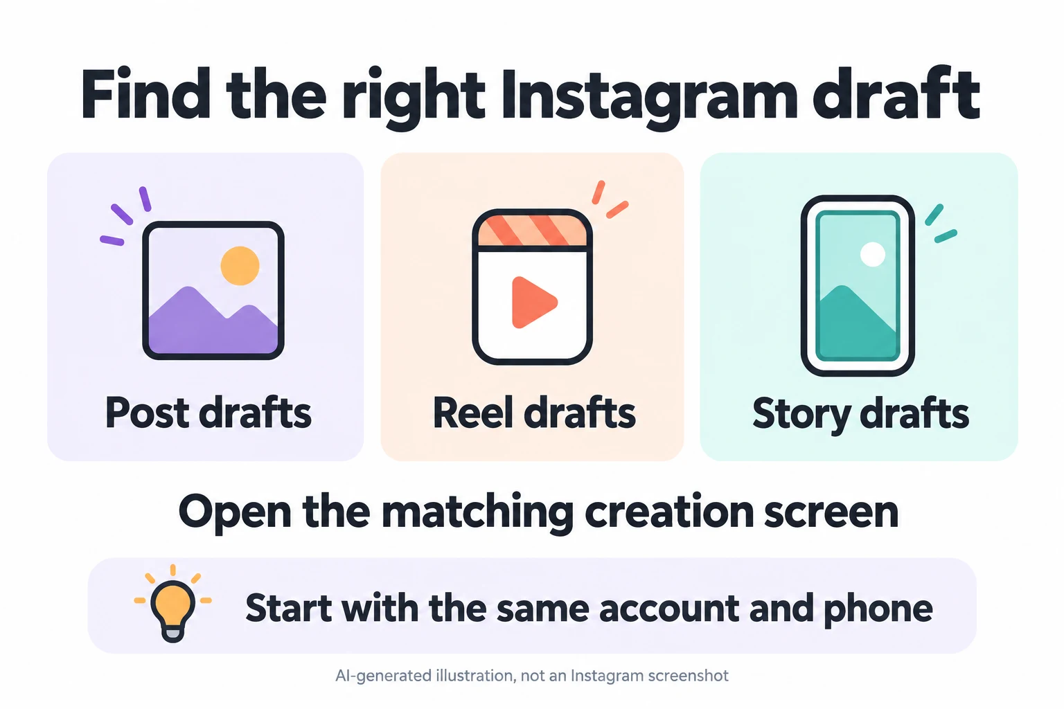 How to Find Drafts on Instagram: Posts, Reels and Stories 1 Illustration separating Instagram post drafts, Reel drafts and Story drafts, with a reminder to use the same account and phone.