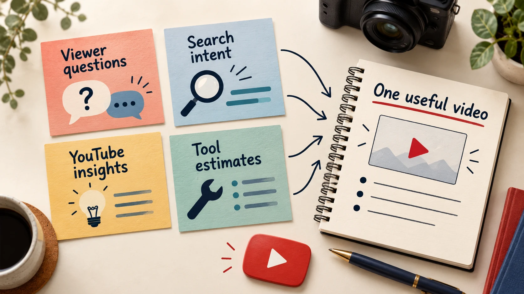 Conceptual illustration combining viewer questions, search intent, YouTube insights and tool estimates into one useful video