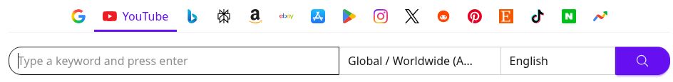 Keyword Tool’s public YouTube research form showing the YouTube tab, keyword field, and country and language controls