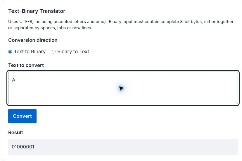 Fresh screenshot of Kwebby Text-Binary Translator with Text to Binary selected, input A and result 01000001