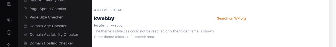 Genuine Kwebby detector result for this article, showing the kwebby folder and an unreadable stylesheet warning