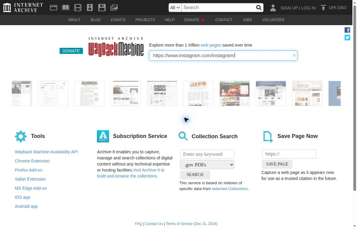 Current Wayback Machine homepage with the exact Instagram profile URL entered in the large history-search field above the separate Save Page Now form