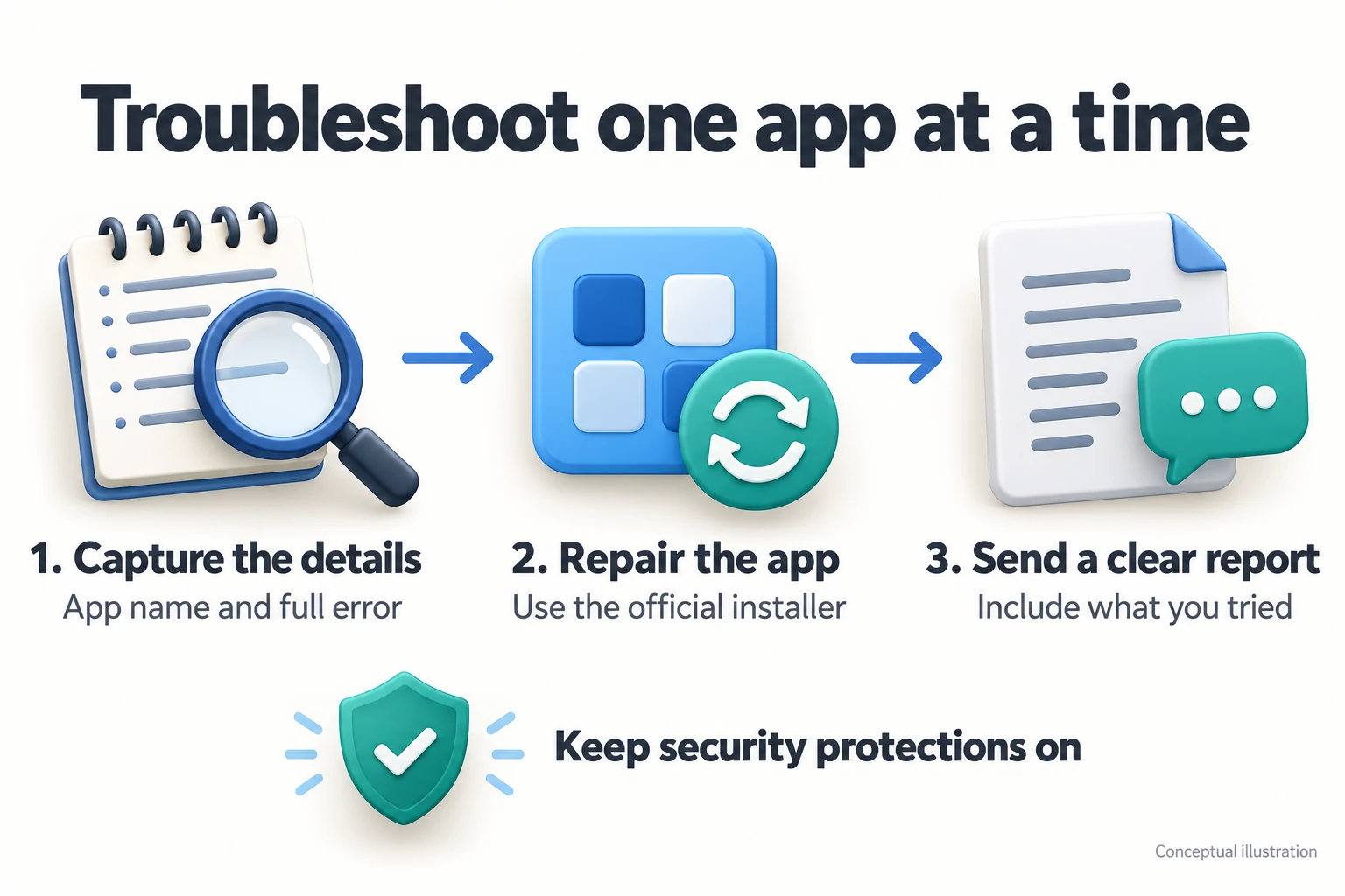 Discord JavaScript Main Process Error: Safer Windows Fixes 2 Conceptual troubleshooting sequence: capture the app and error, repair through the official installer, then send a clear support report while keeping security protections on