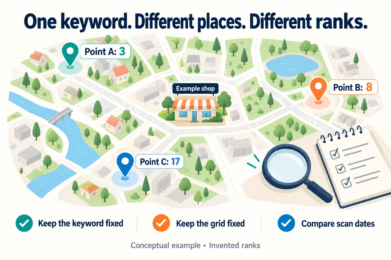 Google Maps Rank Checker: Free Tools and Tracking Guide 2 Conceptual map of an example shop with invented ranks of 3, 8 and 17 at different search points, reminding readers to keep keywords and grids fixed
