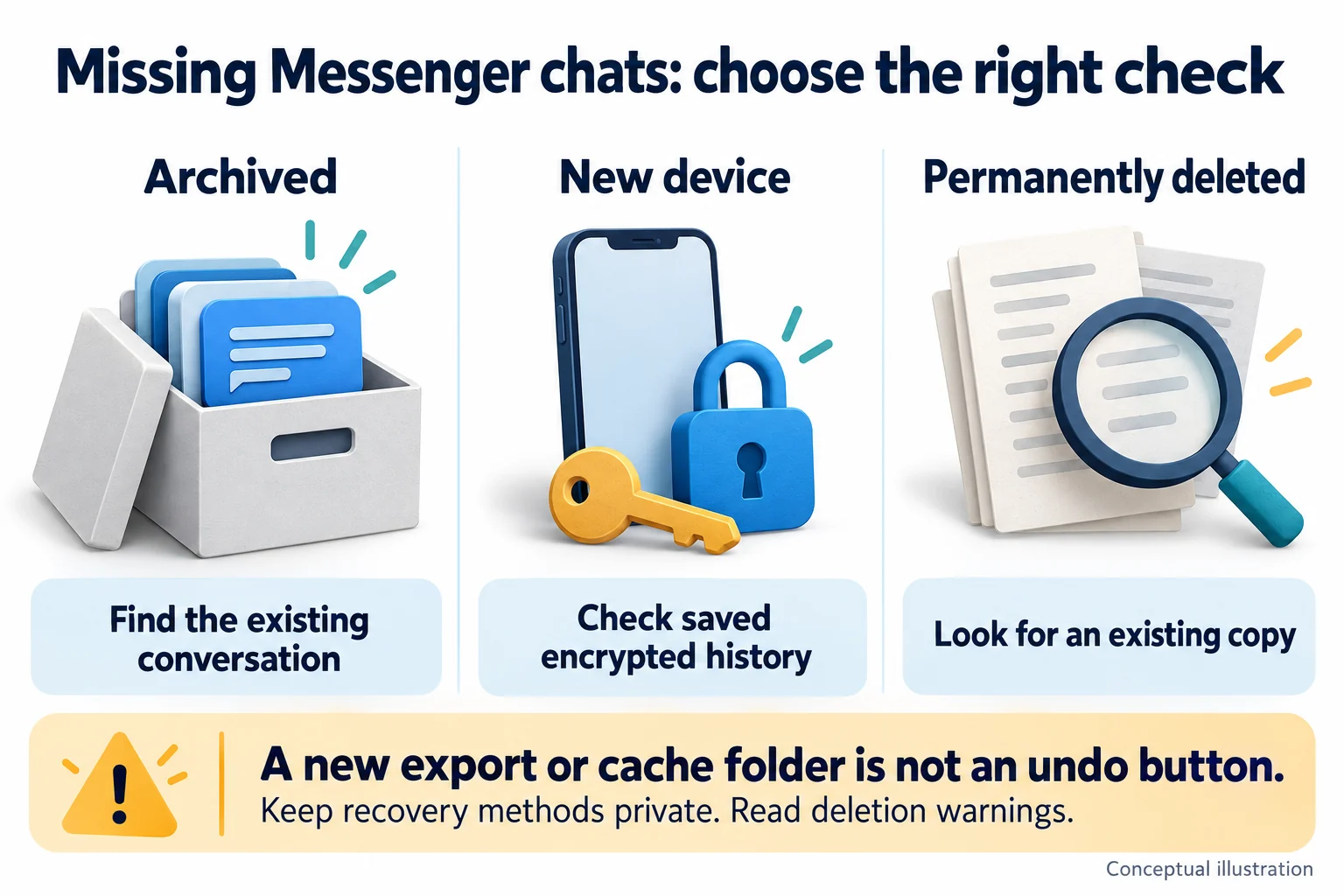 Can You Recover Deleted Messages on Facebook Messenger? 2 Conceptual guide distinguishing archived Messenger chats, encrypted history missing on a new device, and permanently deleted messages with only existing copies to check.