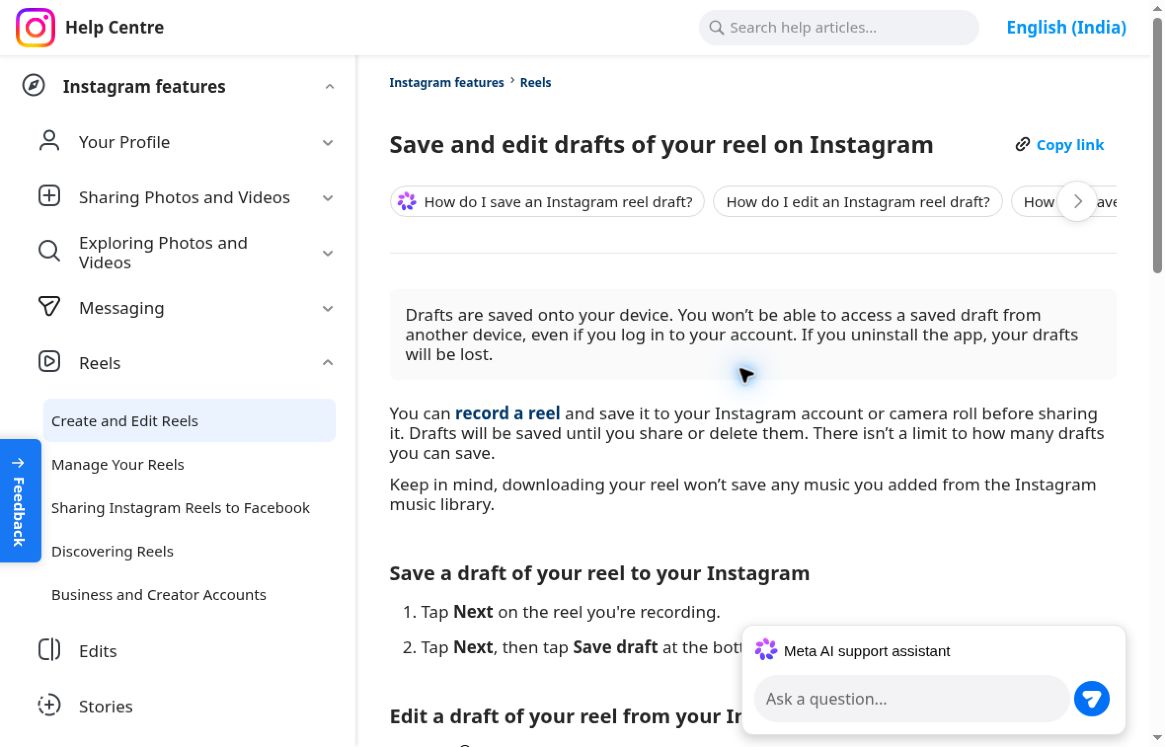 How to Find Drafts on Instagram: Posts, Reels and Stories 3 Official Instagram Reel-draft documentation explaining local storage and the music limitation when downloading a Reel.