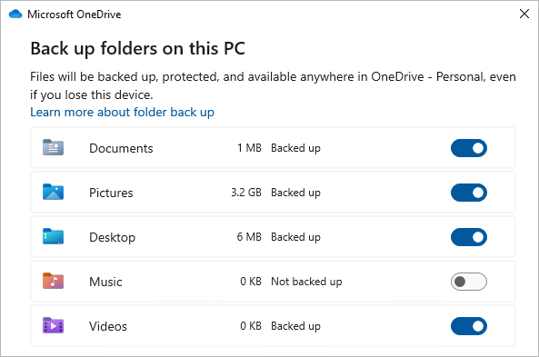 Microsoft's OneDrive folder-backup dialog with separate toggles for Documents, Pictures, Desktop, Music and Videos.