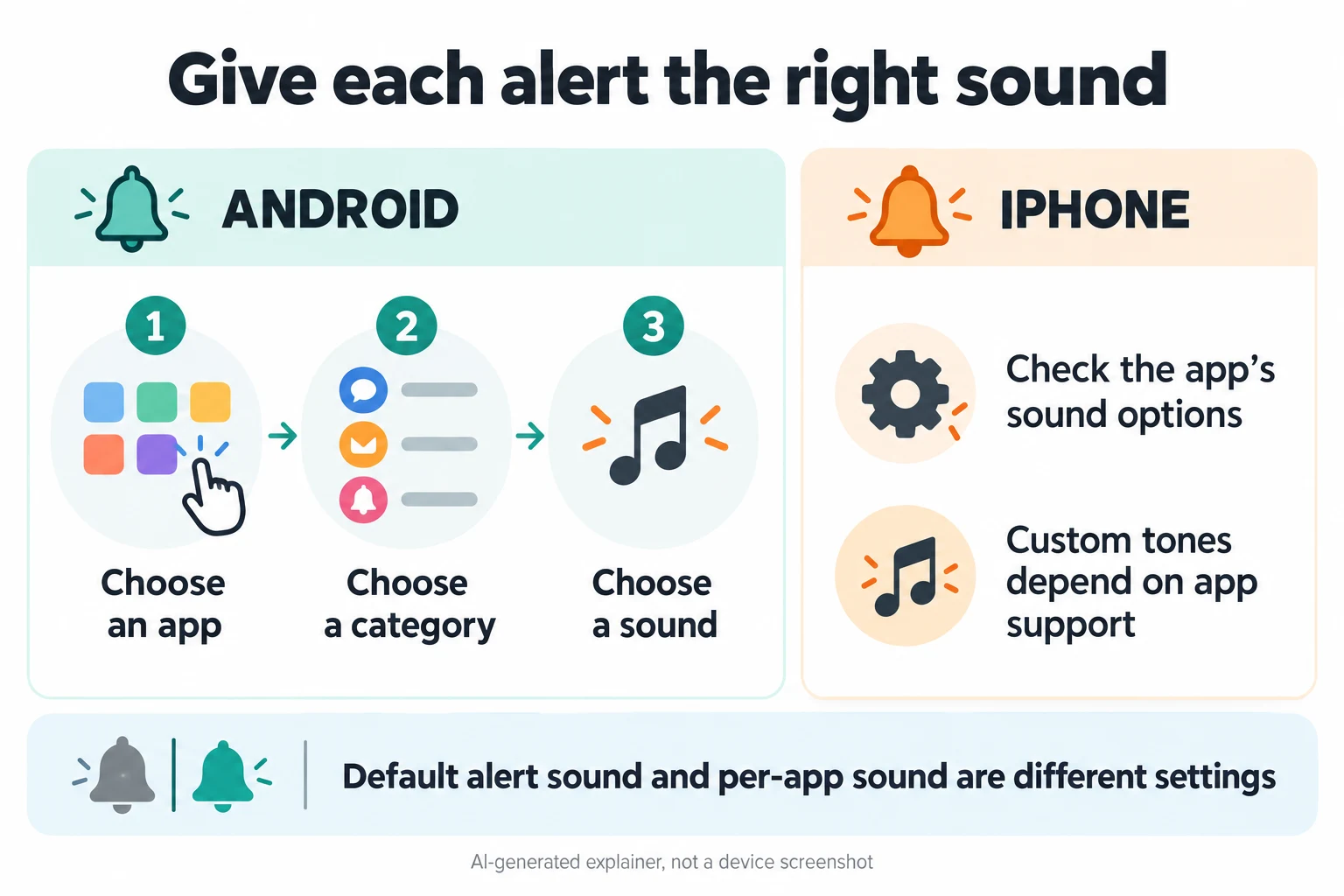 Android app-category-sound steps beside iPhone app-dependent tone options