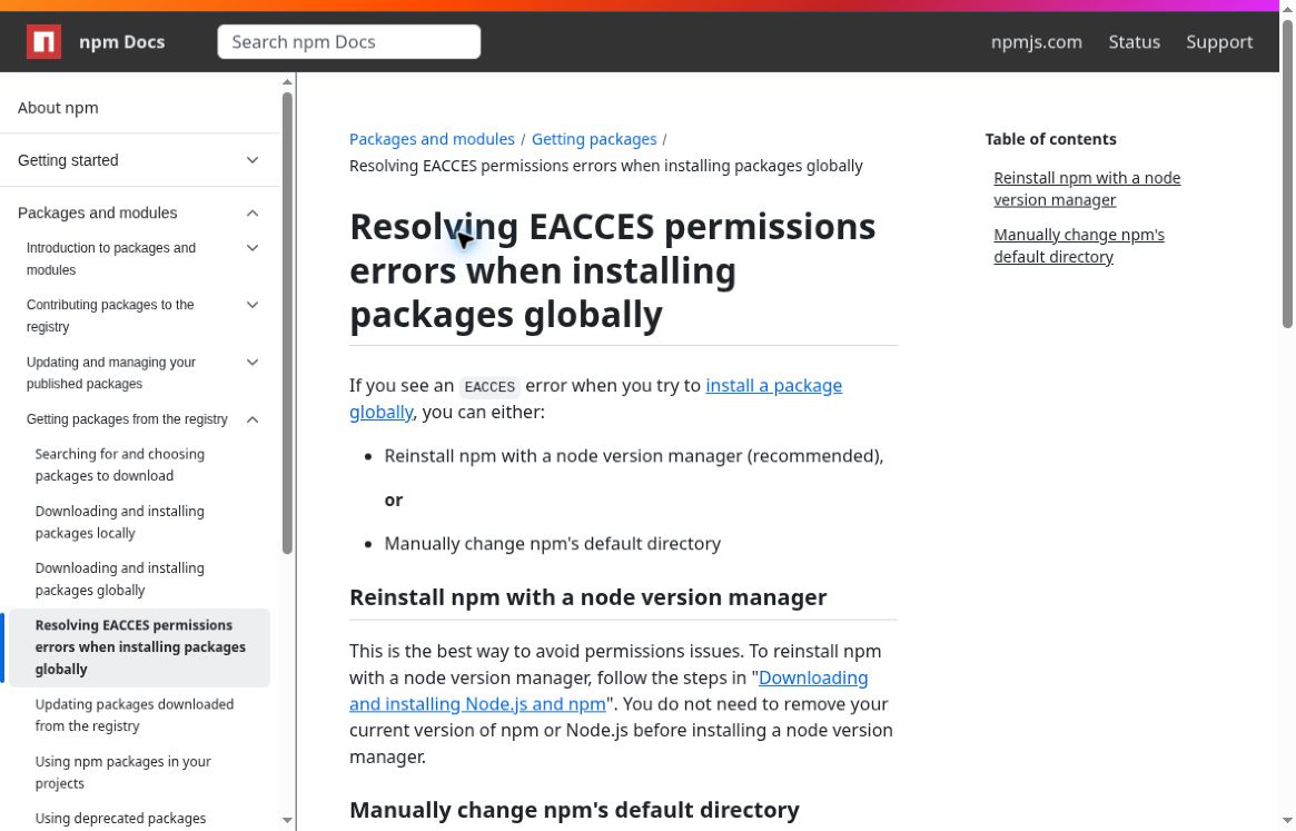 Official npm documentation recommending a Node version manager or a different default directory for global-install EACCES errors.