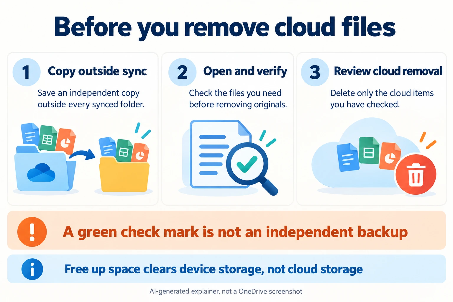 Copy files outside synced folders, open and verify the saved copies, then review cloud files before removal.