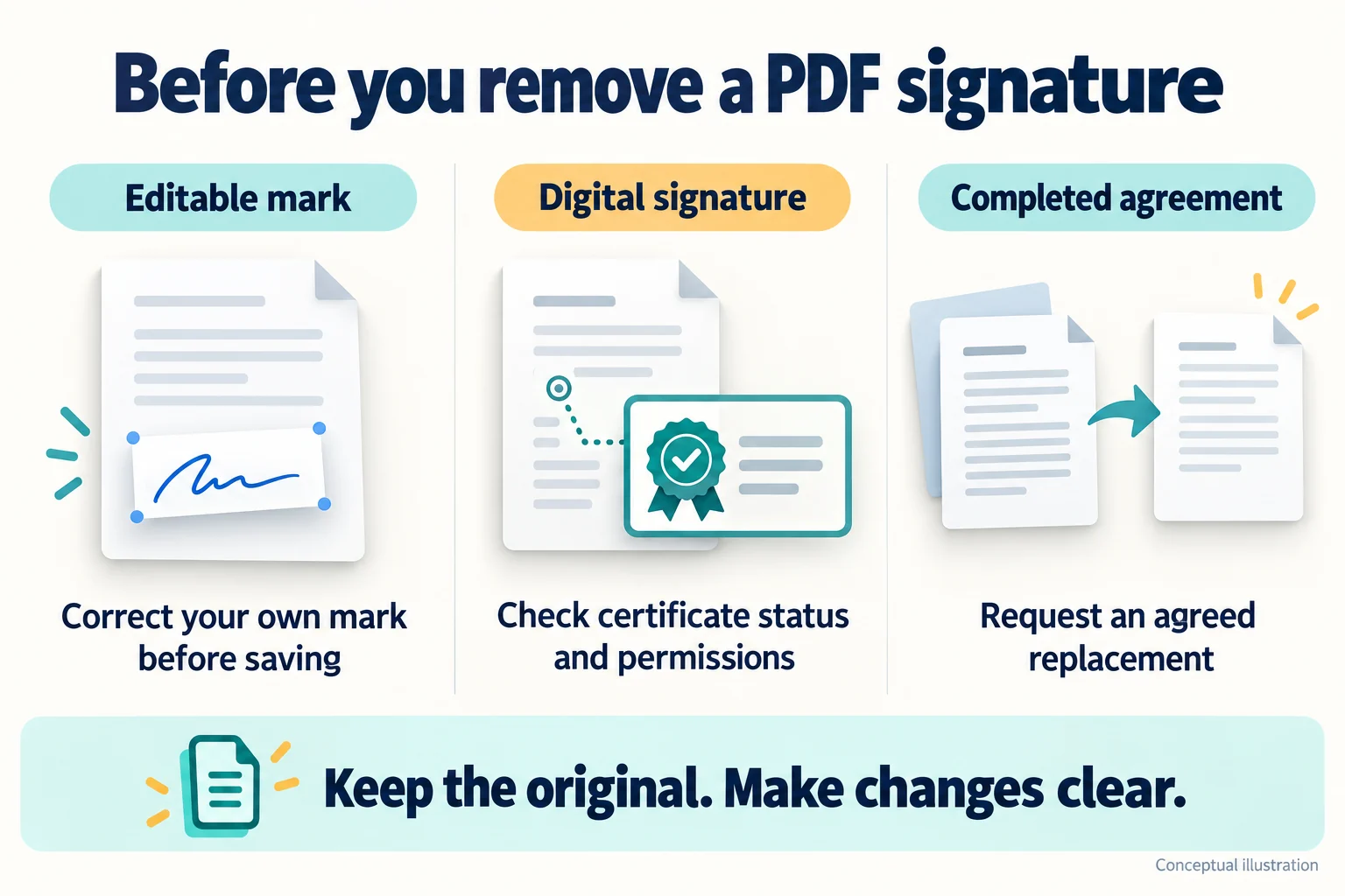 Conceptual guide distinguishing an editable signature mark, a certificate-based digital signature, and a completed agreement, with a reminder to keep the original.