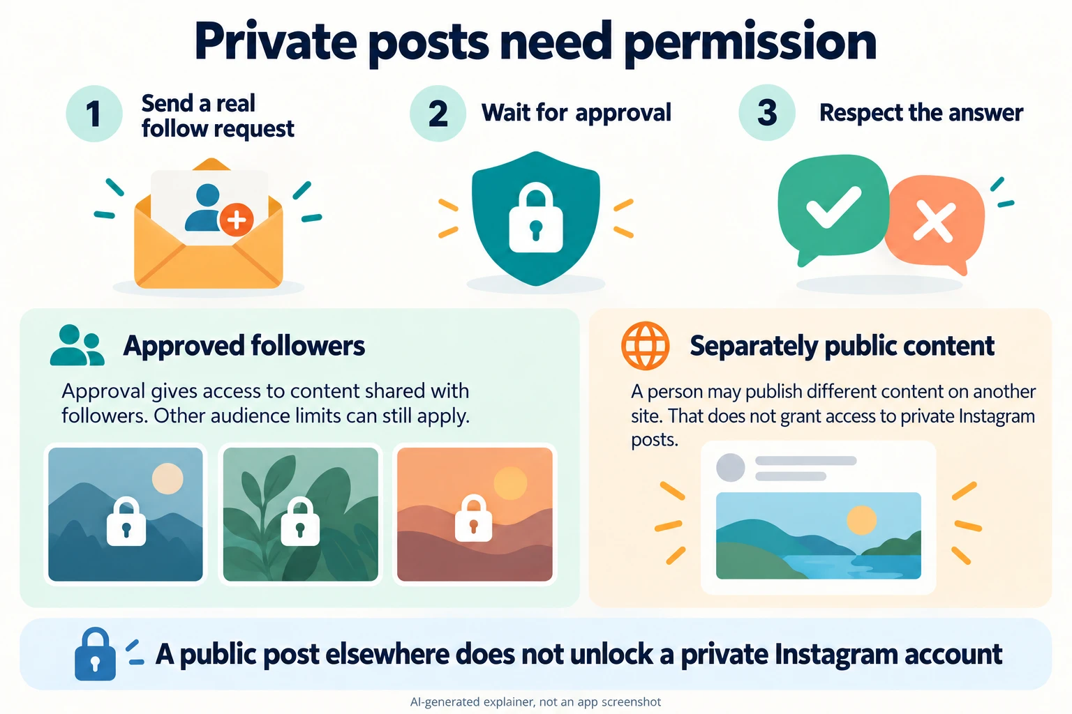 Send a follow request, wait for approval and respect the answer; separately public content does not unlock private Instagram posts.