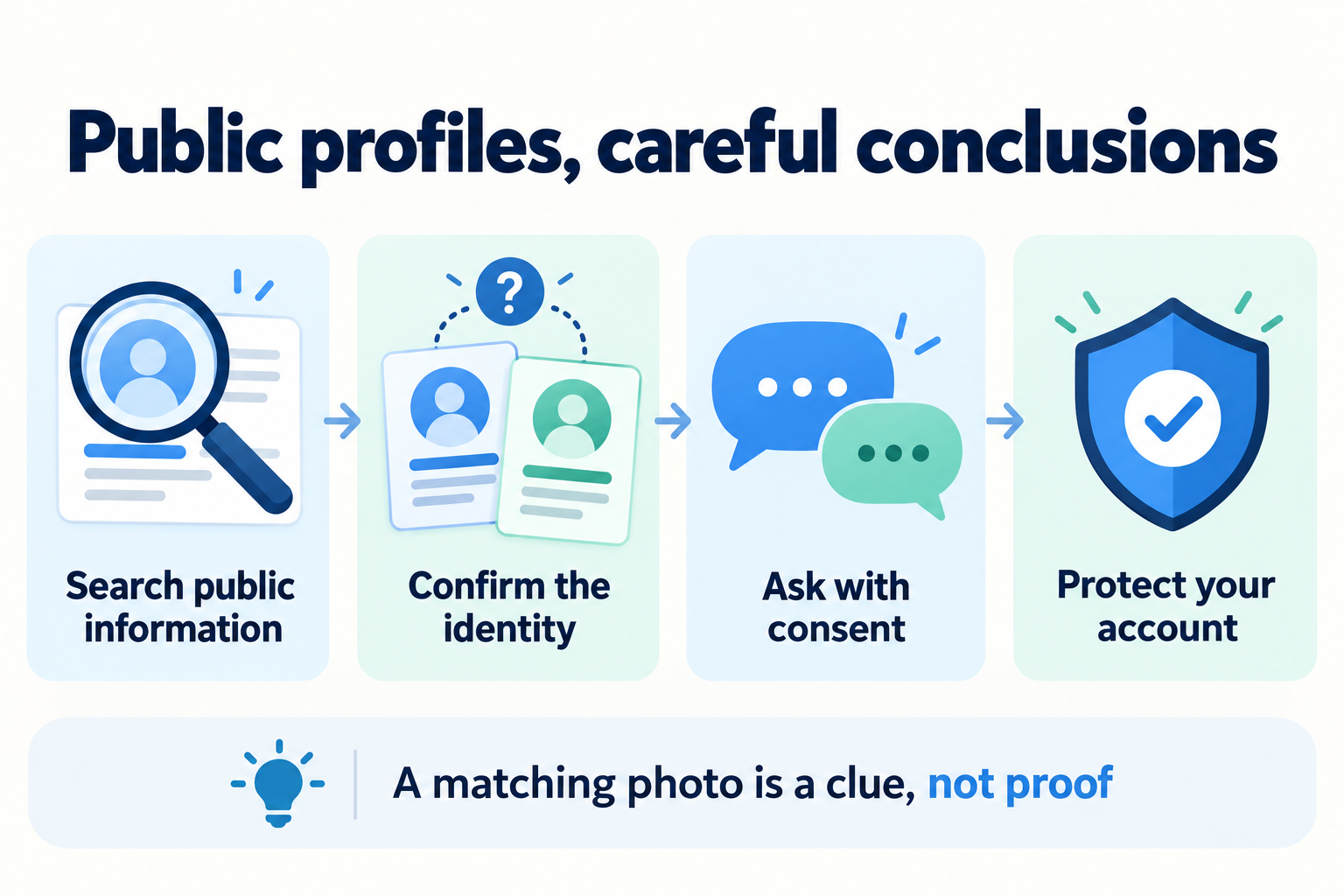 Four privacy-respecting steps: search public information, confirm identity, ask with consent, and protect your account.