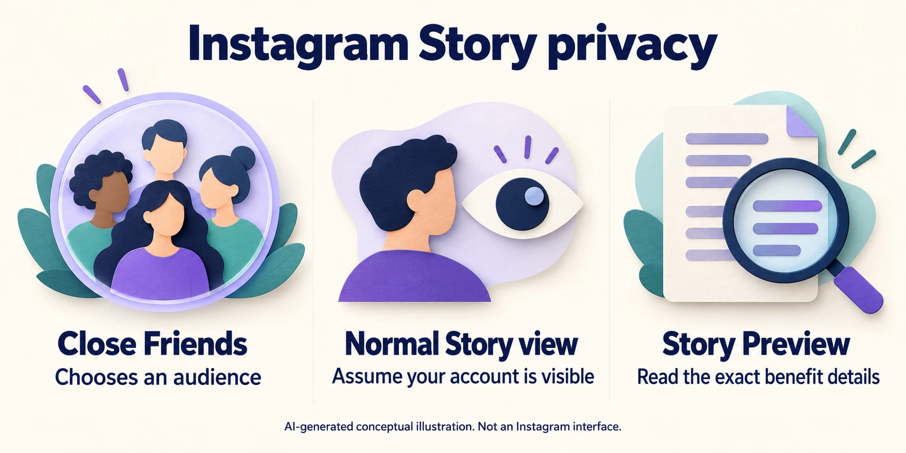 Conceptual guide to Instagram Story privacy: audience selection, ordinary viewer visibility and Story Preview limits