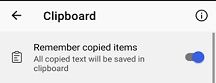 Microsoft SwiftKey documentation showing the Remember copied items setting switched on.