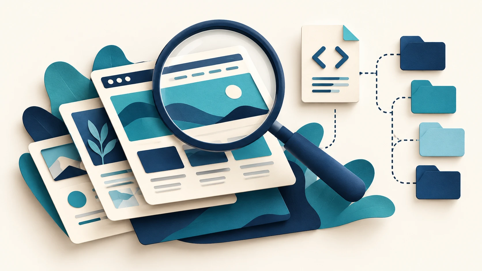 Conceptual illustration of a magnifying glass over website designs and linked theme folders