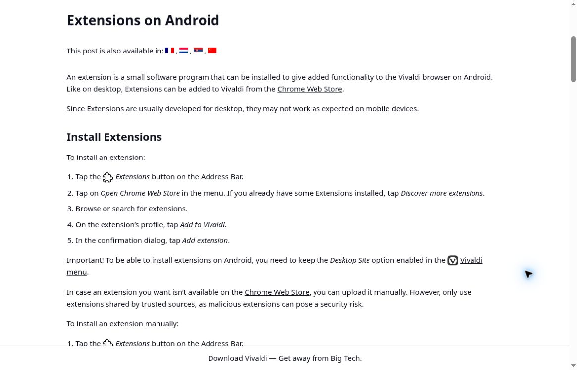 Best Browser for Android: 10 Free Options Compared 2 Vivaldi Android extension documentation showing installation steps and the Desktop Site requirement