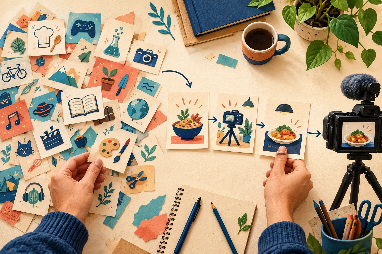 Conceptual illustration of topic cards narrowed into a three-shot video storyboard